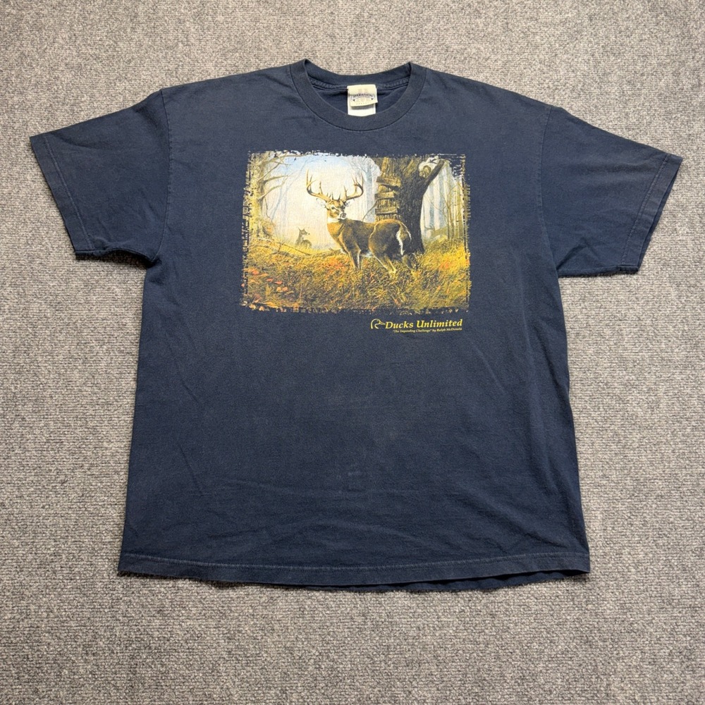 Ducks Unlimited Ralph McDonald Buck Deer Graphic T-Shirt Navy Blue Mens XL